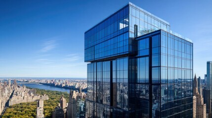 Fototapeta premium Contemporary urban skyscraper with mirrored facade and skyline vista reflecting modern architectural grandeur