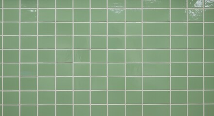 Close-up view of a wall covered in square, green tiles, creating a repeating pattern.