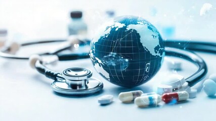 Global Healthcare: A miniature globe rests on a stethoscope, surrounded by various pills and capsules, symbolizing the interconnectedness of global health and medicine. - Powered by Adobe