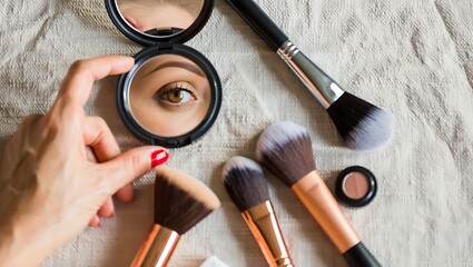 Woman s eye reflected in compact mirror with makeup brushes