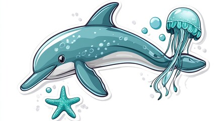 Obraz premium Cartoon dolphin and jellyfish with starfish
