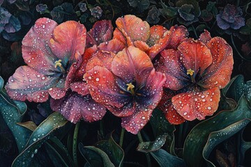 Close-up of vibrant tulips with dew drops.