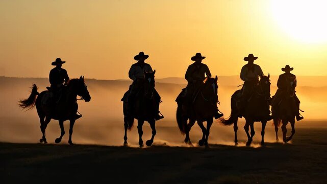 Silhouettes of five cowboys riding horses at sunset, front view
