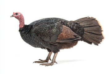 A wild turkey stands against a plain white background.