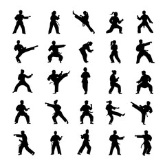 vector silhouettes of people , Collection of various karate stances and movements in silhouette form art