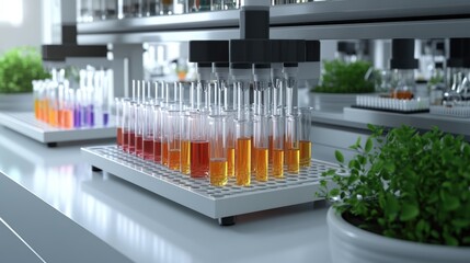 Laboratory scene with multiple test tubes filled with orange liquid on white rack in modern science lab setting