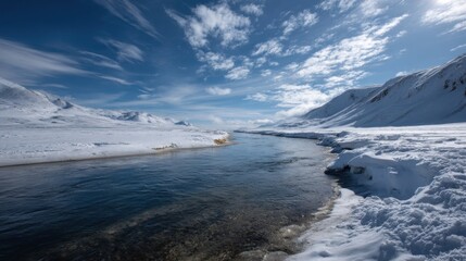 Obraz premium Frozen Serenity: A breathtaking view of a snow-covered landscape is dominated by a glistening river, with the clouds in the background providing a stunning contrast of colors and textures.