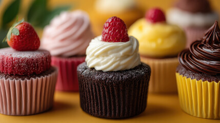 Assortment of colorful cupcakes with various frosting designs and toppings, including strawberries and chocolate, on a wooden surface for dessert and bakery themes