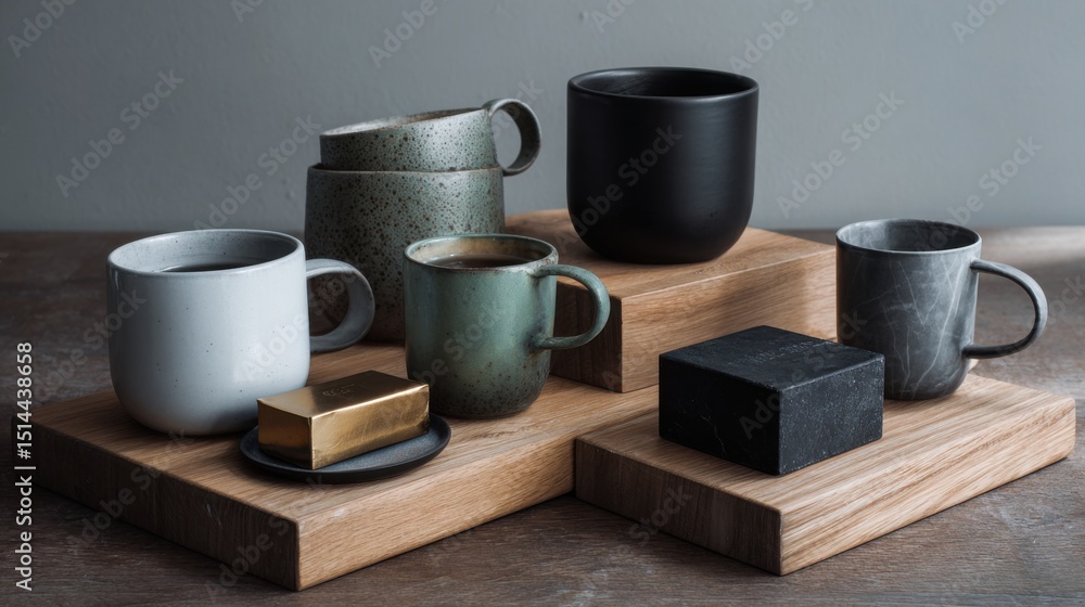Poster earthenware treasures: artistic presentation of ceramic mugs and sculptural objects exuding minimali