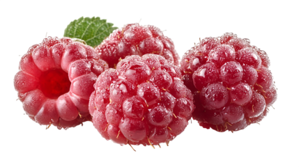 Close up of ripe raspberries showcasing freshness juicy details against a sleek perfect for culinary themes isolated on white transparent background PNG cutout