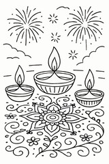 Diwali Festival Celebration with Diyas and Fireworks - Indian Holiday Coloring Page