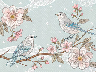 Delicate Mesh Lace with Mirrored Birds and Flowers