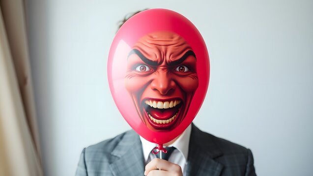 Hidden Anger A Man Conceals His Rage Behind a Red Balloon