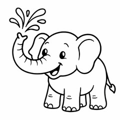 Obraz premium Cute Cartoon Baby Elephant Spraying Water - Happy Animal Coloring Page