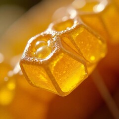 Amber honeycombs with cells and drops of honey in them. Sweet and aromatic natural phenomenon created by honey bees. Horizontal concept of vegetarianism for World Bee Day