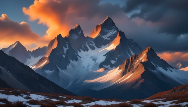 A breathtaking mountain range at sunset, with snow-capped peaks and golden light. - Powered by Adobe