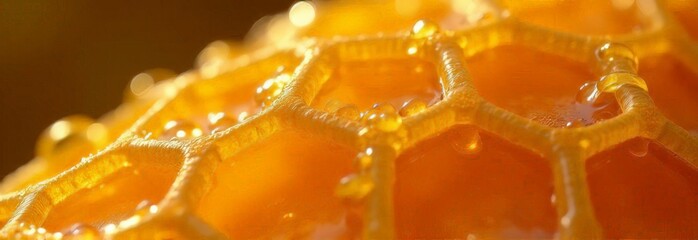 Amber honeycombs with cells and drops of honey in them. Sweet and aromatic natural phenomenon created by honey bees. Horizontal concept of vegetarianism for World Bee Day