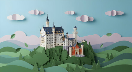 Paper craft castle model on green hills and blue sky background