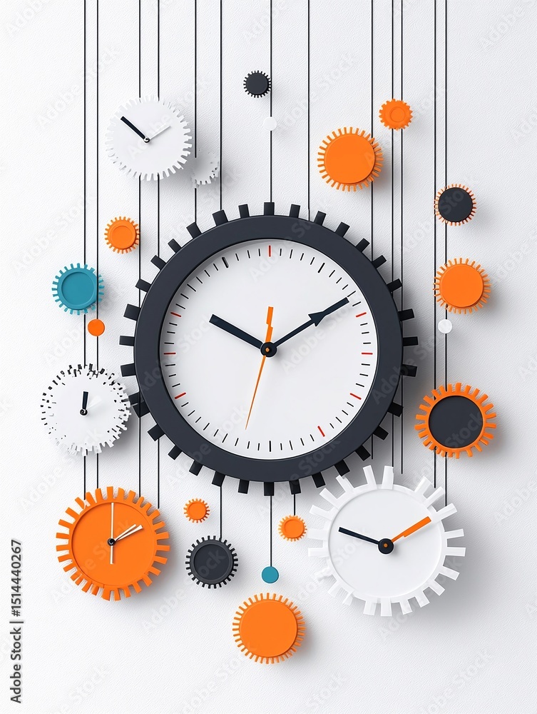 Poster abstract clock design with hanging gears and minimalist geometric shapes
