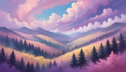 Obraz premium Majestic landscape painting showing mountains, pastel colors and peaceful cloudy sky.