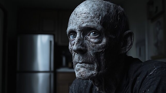 Portrait of individual visibly malnourished body empty kitchen or refrigerator background focusing emotion physical impact of malnutrition soft yet harsh lighting highlight vulnerability desperation