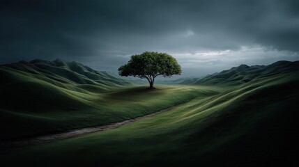 Solitary Tree Amidst the Storm: A lone tree stands defiantly on a lush green hill, its form silhouetted against a moody, overcast sky and rolling green hills.