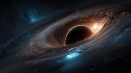 Cosmic Singularity: An artistic depiction of a black hole, with radiant energy warping space-time around it. Stellar dust swirls into the void.