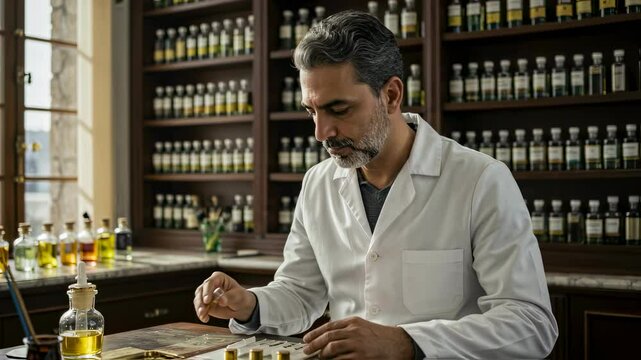 Man smelling fragrance in lab. Scientist testing perfume in laboratory video. Perfumer creating new scent motion. Chemistry and innovation concept in cosmetology footage.