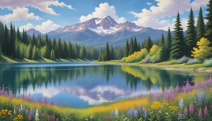 Fototapeta premium A stunning landscape of a mountain lake with the reflection of the mountain and sky.