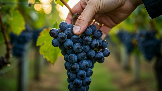 Hand holding cluster of dark grapes with water drops in a vineyard. Close up of ripe grapes on a vine. Growing and harvesting concept video. Farming and agriculture motion footage for wine production.
