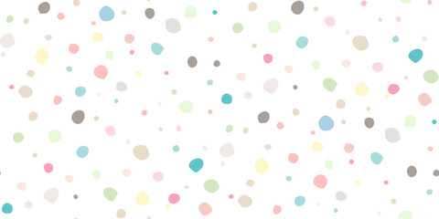 Scattered dots in various sizes. Seamless explosion background of confetti. Abstract random texture for wrapping paper, birthday party design, fabric, packaging, baby shower, kids textile. Vector