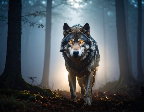 Majestic wolf in mystical forest