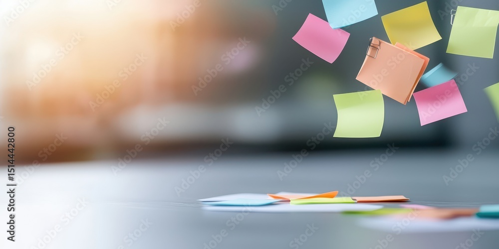 Aufkleber business discussing topview concept. colorful sticky notes flying over a desk in a creative workspac