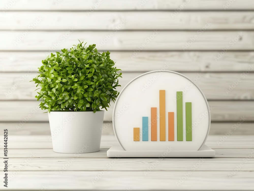 Poster business discussing topview concept. a plant beside a colorful bar graph sits on a wooden surface.
