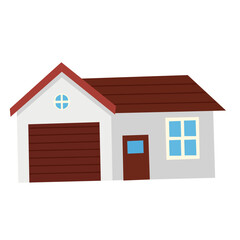minimalist vector illustration of a small suburban house with a red gable roof, white walls, garage door, and a single front window. Ideal for housing projects
