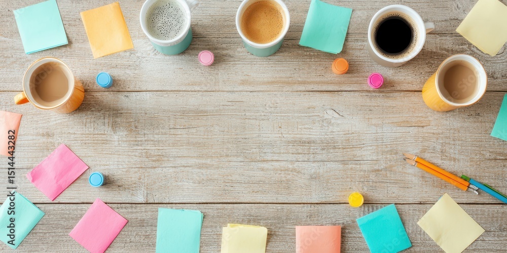 Aufkleber business discussing topview concept. coffee cups and colorful sticky notes on a wooden surface creat