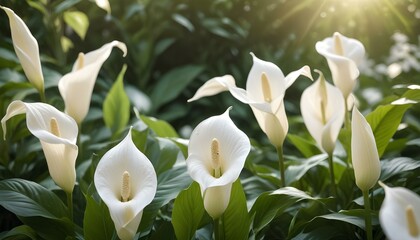Vibrant white calla lilies blooming gracefully in a sun-drenched garden, displaying natural beauty.