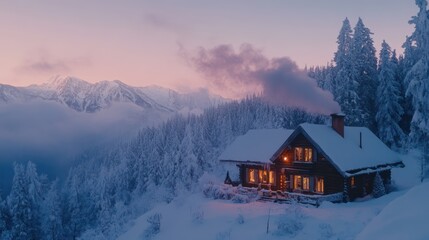 Fototapeta premium Enchanting winter cabin nestled amidst snow-covered mountains at twilight hour