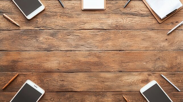 business discussing topview concept. Wooden table with smartphones and stationery arranged around a central blank space.