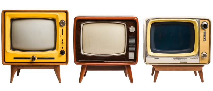 Three Vintage Televisions On Wooden Stands With Cream Screens in Retro Style