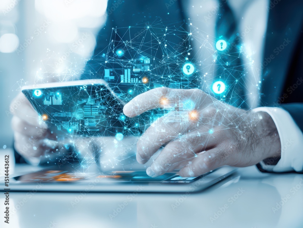 Aufkleber business discussing topview concept. Futuristic technology concept with hands interacting with a digital tablet displaying data visualization.