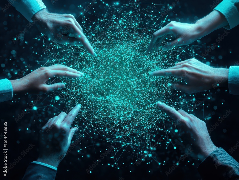 Poster business discussing topview concept. Hands pointing towards a glowing, interconnected network of lines and dots, symbolizing collaboration and technology.