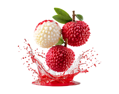 A cut and exploding lychee floating in the air on, lychee with a splash of juice, two complete red juicy whole lychees flying transparent background