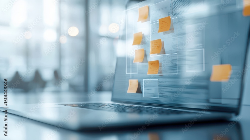 Poster business discussing topview concept. Laptop displaying sticky notes on a blurred background, symbolizing organization and productivity.