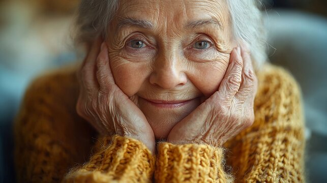 Close up portrait of elderly person peaceful content expression soft warm lighting emphasizing dignity vulnerability of aging subtle detail hand face showing life experience ultra realistic texture