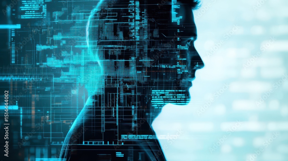 Poster business discussing topview concept. silhouette of a person with digital circuitry overlay, represen