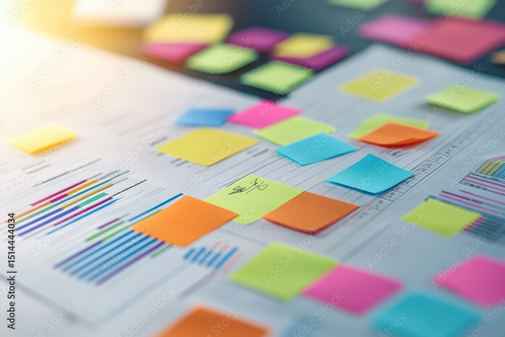 Aufkleber business discussing topview concept. Colorful sticky notes on a workspace with printed documents and charts.