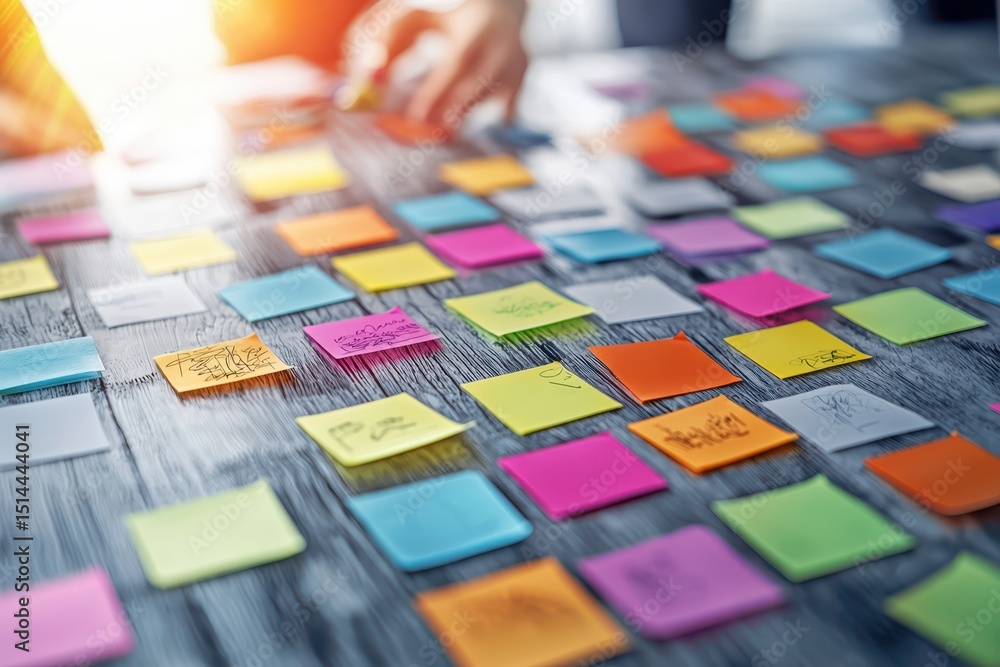 Poster business discussing topview concept. colorful sticky notes scattered on a desk, with a hand organizi