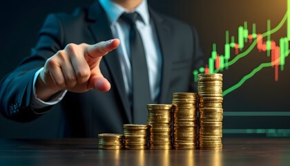 An elegant businessman with a sharp suit, pointing to a rising stack of gold coins against the backdrop of a financial growth chart. A symbol of prosperity and wealth creation.