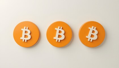 Three Bitcoin coins showcase digital currency with an orange and white color. It's a modern representation of financial technology. 